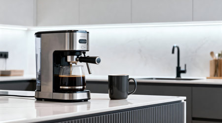 A high-end coffee maker with a stainless steel finish and a white ceramic mug are displayed on a glossy black kitchen island. The setup is illuminated by bright studio lighting, accentuating the smooth lines and minimalistic design. Ideal for showcasing kitchen appliances in home decor catalogs or lifestyle magazines. AI-generated illustration.の素材