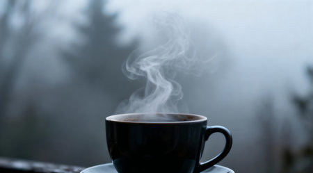 A digital artwork depicting a ceramic coffee mug with intricate steam patterns against a misty morning backdrop. The scene is bathed in soft natural light, with the predominant use of cool gray tones enhancing the serene atmosphere. This piece could be ideal for use in mood boards, as a calming visual for wellness blogs, or in thematic designs focusing on tranquility and morning rituals. AI-generated illustration.の素材