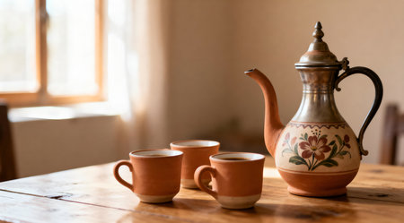 An artistic arrangement showcasing a traditional earthenware coffee pot and matching cups, bathed in soft amber light. The setup features warm earthy tones, creating a cozy and inviting atmosphere. This image is ideal for use in cafe decor, culinary blogs, or as part of a home design feature. AI-generated illustration.の素材