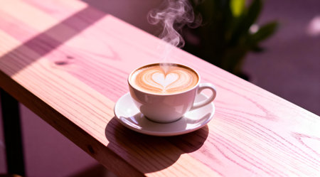 A coffee cup adorned with intricate heart-shaped latte art sits on a rustic wooden table, bathed in the soft glow of morning sunlight. The romantic palette features warm tones of pink and orange, enhancing the artistic design of the foam. This image is ideal for use in cafes, romantic settings, or as a visual element in creative projects. AI-generated illustration.の素材