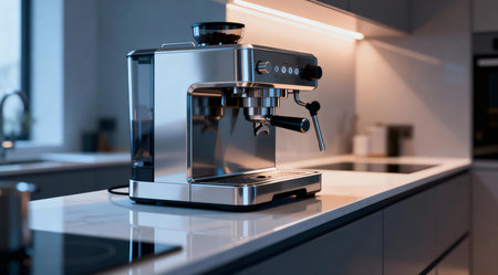 A high-end silver coffee maker with a streamlined design sits on a pristine white kitchen counter, illuminated by soft, ambient lighting. The setup features sharp, clean lines and a cool, modern aesthetic, ideal for showcasing in home appliance catalogs or kitchen design layouts. AI-generated illustration.の素材