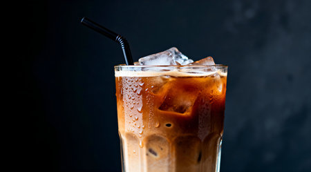 A refreshing iced coffee is depicted in a tall, clear glass with a red and white striped straw. Visible condensation on the glass enhances the cool, refreshing theme. The beverage is set against a deep black background, accentuating the vibrant brown color of the coffee and the bright straw. This image could be ideal for summer-themed menus, beverage advertisements, or lifestyle blogs. AI-generated illustration.の素材