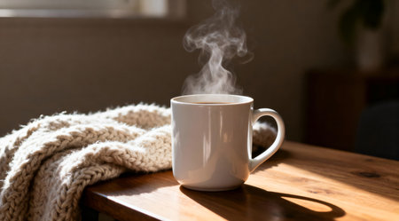 A serene morning scene depicted with a ceramic mug filled with steaming coffee, placed on a wooden table next to a soft, knitted blanket in shades of gray and cream. The scene is bathed in gentle morning sunlight, casting a warm glow that enhances the cozy and inviting atmosphere. This artistic composition could be ideal for home decor inspiration or as a visual for relaxation and comfort themes. AI-generated illustration.の素材