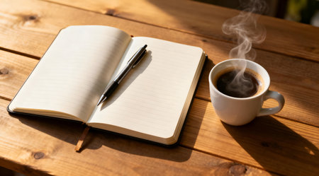 A detailed workspace setup featuring a spiral-bound coffee-themed notebook with a brown cover, an elegant black pen, and a steaming cup of coffee in a white ceramic mug. The scene is illuminated by soft natural light, enhancing the cozy and productive atmosphere. This artistic design could be ideal for illustrating work-from-home environments or creative writing spaces. AI-generated illustration.の素材