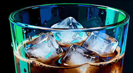 An artistic representation of a refreshing iced coffee served in a clear glass, showcasing ice cubes and droplets of condensation on the surface. The beverage is set against a deep, dark backdrop, enhancing the vibrant colors of the drink. This digital artwork captures a cool and inviting atmosphere, ideal for summer-themed designs or beverage menus. AI-generated illustration.の素材