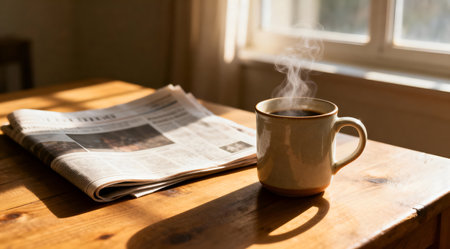 A serene morning scene featuring a steaming ceramic mug filled with rich, dark coffee, positioned next to a folded newspaper on a rustic wooden table. Soft, natural light filters through a nearby window, casting warm hues across the setup, enhancing the inviting and cozy atmosphere. This creative composition is ideal for illustrating quiet moments of relaxation or daily routines. AI-generated illustration.の素材