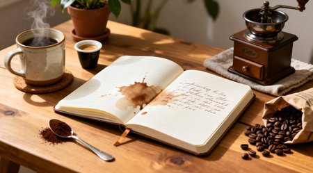 A detailed workspace featuring a spiral-bound notebook with coffee-themed doodles on its cover, surrounded by various coffee-related items including a ceramic mug, coffee beans, and a small espresso machine. The setup is bathed in soft natural light, enhancing the cozy and productive atmosphere. This artistic arrangement could be ideal for creative projects, home office decor, or coffee shop promotions. AI-generated illustration.の素材