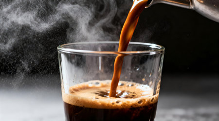 A dynamic high-speed capture of dark brown espresso flowing into a transparent glass, highlighting the fluid motion and texture of the liquid. The artistic composition uses dramatic lighting to enhance the contrast and depth, making it ideal for use in culinary arts presentations or beverage-related designs. AI-generated illustration.の素材