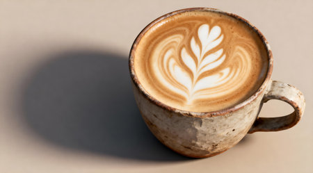 A detailed top view of latte art in a rustic brown ceramic cup, showcasing intricate foam patterns resembling a heart and swirls. The image is captured under soft studio lighting, which enhances the warm and inviting ambiance of the scene. This digital artwork is ideal for use in culinary blogs, cafe menus, or as a cozy element in food-related designs. AI-generated illustration.の素材