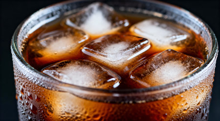 An iced coffee drink presented in a sleek, frosty glass with visible condensation droplets, set against a deep black background. The vibrant orange hue of the coffee contrasts sharply with the cool, blue tones of the glass and the dark backdrop, creating a refreshing visual impact. Ideal for use in beverage menus, summer promotions, or lifestyle blogs. AI-generated illustration.の素材