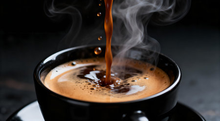 A high-speed capture of a dark brown espresso stream pouring into a sleek black ceramic cup. The image showcases dramatic lighting that highlights the fluid motion of the coffee, creating an artistic and dynamic effect. Ideal for use in culinary art displays or as a striking visual in coffee-related content. AI-generated illustration.の素材