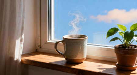 A warm and inviting image featuring a ceramic mug filled with steaming coffee, placed on a rustic wooden windowsill. The scene is bathed in soft, natural morning light, casting gentle shadows and creating a serene atmosphere. Ideal for use in home decor concepts or to evoke a sense of tranquility and comfort in lifestyle content. AI-generated illustration.の素材