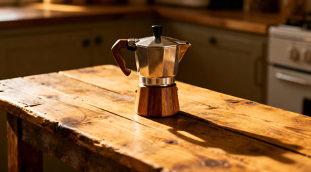 An artistic portrayal of a vintage-style coffee maker placed on a rustic wooden countertop, illuminated by soft ambient lighting. The scene evokes a warm and cozy atmosphere with its earthy tones and natural textures, ideal for enhancing kitchen decor themes or as a visual for culinary blogs. The rustic style adds a touch of traditional charm to the composition. AI-generated illustration.の素材