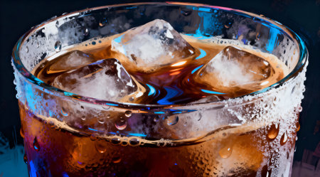 The image features a tall glass of iced coffee with visible condensation on the surface, set against a dark backdrop. The vibrant blue and white tones emphasize the refreshing and cool nature of the drink. This digital artwork could be used for summer-themed designs, beverage menus, or promotional materials. AI-generated illustration.の素材