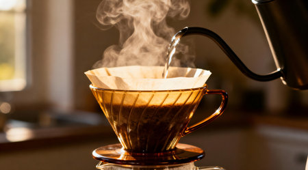 A side view of a pour-over V60 coffee maker in the process of brewing, with delicate steam rising from the amber liquid. The scene is bathed in soft morning light, casting warm tones across the setup. This artistic depiction captures the serene ritual of coffee preparation, ideal for enhancing cafe menus or coffee-related content. AI-generated illustration.の素材