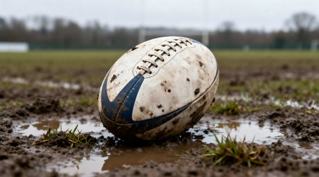 An illustration showcasing a brown rugby ball placed on a muddy field, captured under overcast skies. The scene is enveloped in earthy tones, emphasizing the texture of the mud and the ball's worn surface. This sports-themed image, styled like sports photography, could be used for editorial pieces or sports-related graphics. AI-generated illustration.の素材