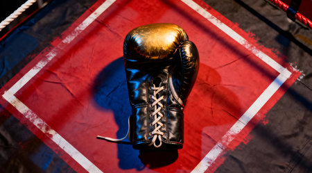 A striking sports art piece showcasing a vibrant red boxing glove placed on a textured gray ring canvas. The composition is illuminated with bold, dramatic lighting that casts sharp shadows, enhancing the dynamic and intense atmosphere of the scene. This artwork could be used for sports-related promotions, event posters, or as a bold statement piece in a sports-themed decor. AI-generated illustration.の素材