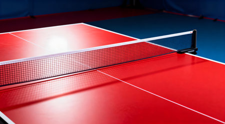 This image showcases a creatively designed ping pong table with a bright neon green surface and a vivid orange net, set against a dark backdrop with studio lighting that highlights the table's dynamic colors. The artistic composition blends sports equipment with modern art, making it suitable for use in sports-themed decor or as a striking visual for sports-related articles. AI-generated illustration.の素材
