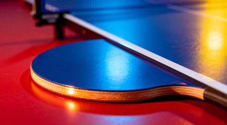 The image showcases a close-up of a ping pong table's edge, featuring a dynamic design with bold, electric blue and neon green stripes. The studio lighting enhances the vivid colors and creates sharp contrasts and shadows, emphasizing the sporty and artistic nature of the composition. This design could be used in sports-themed decor or as a unique element in modern graphic design projects. AI-generated illustration.の素材