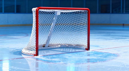 This image features a detailed view of a professional hockey net positioned on a frozen ice rink, captured in cold blue tones under studio lighting. The sharp shadows and crisp lines emphasize the sports equipment's structure, ideal for sports-themed graphics or editorial content. The cool color palette evokes a sense of winter and athletic intensity. AI-generated illustration.の素材