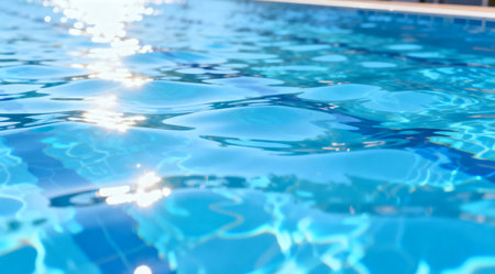This image captures the shimmering surface of a swimming pool with vivid blue tones, highlighted by the intense rays of the sun. The water's texture is depicted with intricate details, showcasing light reflections and subtle ripples. Ideal for use in sports and leisure themes, this illustration conveys a sense of energy and motion. AI-generated illustration.の素材