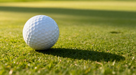 A detailed illustration capturing a golf ball resting on a vibrant green putting surface, bathed in the soft glow of morning light. The image showcases fresh green tones and subtle shadows, emphasizing the texture of the grass and the smooth surface of the ball. Ideal for use in sports-related publications, golf equipment promotions, or as a visual element in instructional materials for golfers. AI-generated illustration.の素材