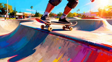 A dynamic digital artwork depicting a skateboard in motion on a half-pipe, illuminated by bright sunlight. The scene is painted in bold hues including electric blue, vivid orange, and deep purple, capturing the essence of sports and action. This energetic piece is ideal for use in youth-oriented sports campaigns or as a striking visual for action sports websites. AI-generated illustration.の素材
