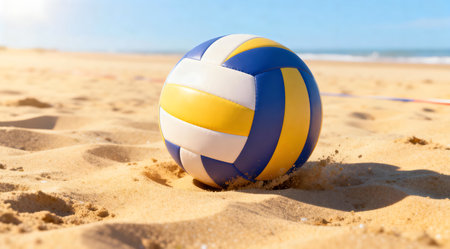 A vibrant digital artwork depicting a classic volleyball resting on fine, golden sand under the intense rays of the sun. The scene captures the essence of beach sports with a palette of warm yellows and sandy browns, complemented by the soft blue of the sky. Ideal for use in summer-themed promotions, sports event graphics, or leisure activity illustrations. AI-generated illustration.の素材