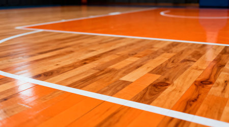 An artistic depiction of a basketball court featuring a vibrant orange surface illuminated by studio lighting. The illustration captures the texture and lines of the court in a dynamic way, emphasizing the sport's energy. Suitable for sports-themed designs, posters, or educational materials about basketball. AI-generated illustration.の素材