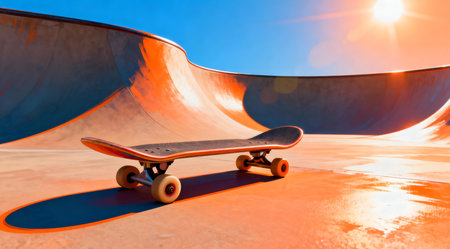 This digital artwork showcases a dynamic skateboard ramp illuminated by intense sunlight, featuring a vivid palette of neon green, electric blue, and fiery orange. The design embodies the energy and excitement of sports and action, ideal for use in youth-oriented graphics, sports equipment branding, or dynamic event promotions. The bold colors and sharp lines contribute to a lively and energetic atmosphere. AI-generated illustration.の素材