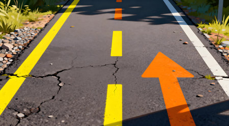 This image features a detailed view of a bicycle path with distinct yellow and black safety markings under natural lighting. The path's surface shows a textured asphalt design, ideal for sports and safety-themed illustrations. The professional style highlights the precision of the markings, suitable for educational materials or safety guides. AI-generated illustration.の素材