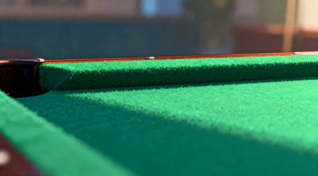 The image captures the detailed edge of a pool table, bathed in soft, ambient lighting that casts subtle shadows. The felt covering the table is a rich, vibrant green, emphasizing the sports and leisure theme. This illustration could be used in design projects focused on sports facilities or gaming areas. AI-generated illustration.の素材