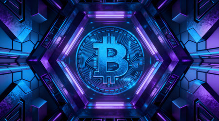 This image depicts a complex network of interconnected nodes in vibrant neon blue, symbolizing the intricate world of cryptocurrency. The design features a futuristic and dynamic layout, with lines and circles forming a web-like structure that suggests data flow and digital transactions. Ideal for use in educational materials about blockchain technology or as a visual element in tech-related presentations. AI-generated illustration.の素材