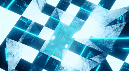 The image features an abstract representation of a cryptocurrency symbol, designed with dynamic neon hues of electric blue and vivid magenta. The symbol's edges are sharp and angular, contributing to a modern and futuristic aesthetic. This artwork could be used for digital marketing materials related to cryptocurrency or blockchain technology. AI-generated illustration.の素材