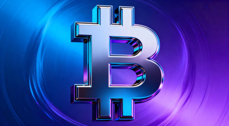 This image features an abstract representation of cryptocurrency with vibrant neon blue and green elements forming intricate patterns. The design includes a central glowing orb surrounded by dynamic, flowing lines that suggest digital transactions and data flow. The futuristic style and vivid colors make it suitable for tech-related publications, digital finance websites, or modern art displays. AI-generated illustration.の素材