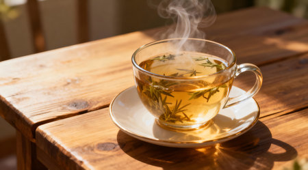 A steaming cup of herbal tea is depicted in a brown ceramic mug, placed on a weathered wooden table. The scene is bathed in soft natural light, casting gentle shadows and highlighting the tea's warm amber hue. This artistic composition, with its inviting colors and serene atmosphere, is ideal for use in culinary blogs or wellness-themed content. AI-generated illustration.の素材