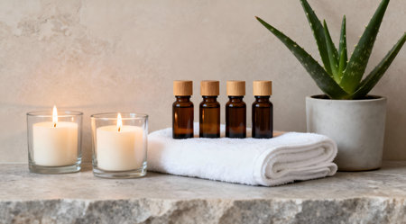 A serene spa environment depicted with soft, diffused lighting, featuring an array of lit candles and bottles of essential oils on a wooden table. The muted palette of soft grays and warm beiges enhances the calming ambiance, ideal for relaxation and wellness themes in editorial or lifestyle content. AI-generated illustration.の素材