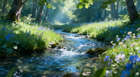 This digital artwork depicts a tranquil forest scene featuring a lush glade dotted with vibrant wildflowers in shades of purple and yellow. A gentle stream flows through the scene, reflecting the soft, natural lighting with cool green and blue tones that enhance the peaceful ambiance. The composition is ideal for use in relaxation-themed media, nature-inspired designs, or as a calming backdrop in digital applications. AI-generated illustration.の素材