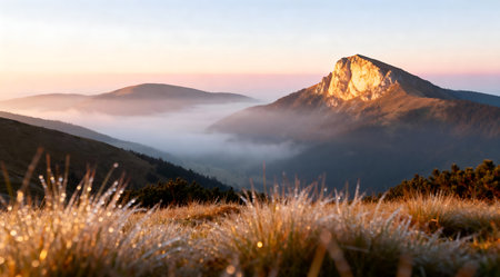 A serene mountain landscape bathed in the soft, golden hues of dawn. The scene features a range of peaks with distinct silhouettes against a sky transitioning from deep purple to vibrant orange. This artistic depiction captures a peaceful ambiance, ideal for use in meditation guides or nature-themed digital art projects. AI-generated illustration.の素材