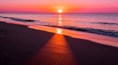 This artistic landscape captures the tranquility of the ocean at sunset, bathed in the warm golden hour light. The sky is painted with vivid shades of orange transitioning into soft pinks, creating a peaceful ambiance. Ideal for use in meditation guides, nature-themed publications, or as a calming backdrop for digital wellness applications. AI-generated illustration.の素材