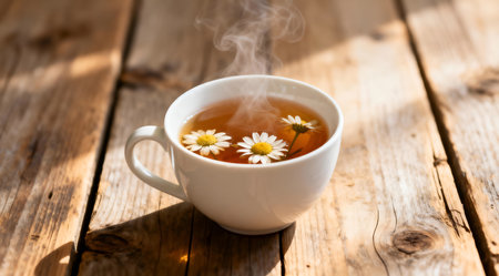 A soothing cup of chamomile tea is depicted in a white ceramic mug, placed on a rustic wooden table. The scene is bathed in soft natural light, casting gentle shadows and enhancing the warm hues of yellow and light brown. This tranquil setting evokes a sense of calm and relaxation, ideal for wellness blogs or spa advertisements. AI-generated illustration.の素材