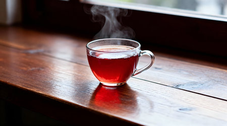 A serene cup of rooibos tea is showcased in a rustic earthenware mug, resting on a weathered wooden table. The scene is bathed in gentle natural light, enhancing the warm red and deep brown tones of the tea and mug. This tranquil image evokes a peaceful ambiance, ideal for wellness blogs or relaxation-themed decor. AI-generated illustration.の素材