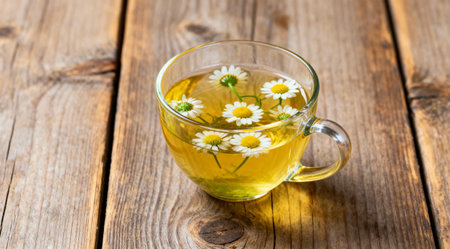A serene cup of chamomile tea sits on a weathered wooden table, bathed in soft natural light. The scene is enveloped in soothing yellow and green tones, creating a tranquil and relaxing ambiance. This image is ideal for wellness blogs, spa promotions, or as a calming visual for home decor. AI-generated illustration.の素材