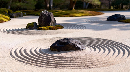 This image features a serene Japanese zen garden, meticulously raked sand creating wave-like patterns around strategically placed rocks. The scene is bathed in soft natural daylight, emphasizing the garden's minimalist design and calming ambiance. Ideal for use in wellness and relaxation-themed content or as a backdrop for meditation and yoga practices. AI-generated illustration.の素材