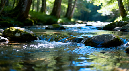This illustration depicts a serene forest stream with crystal-clear water reflecting the soft natural light. The scene is bathed in cool green and deep blue tones, creating a peaceful ambiance. The artistic composition, with its gentle curves and lush greenery, could be used for environmental themes, relaxation content, or nature-inspired designs. AI-generated illustration.の素材