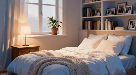 A serene bedroom interior featuring a plush bed with light gray linens and a soft blue throw blanket. The room is bathed in gentle, diffused lighting from a stylish pendant lamp, creating a tranquil ambiance. The walls are painted in soothing pastel hues, complemented by minimalist furniture and a small potted plant on the nightstand, enhancing the calming atmosphere. Ideal for home decor inspiration or relaxation-themed content. AI-generated illustration.の素材