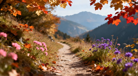 This illustration captures a serene mountain path lined with vibrant wildflowers in shades of purple, orange, and yellow, alongside fallen autumn leaves in warm hues of red and brown. The scene is bathed in soft, natural light, creating a peaceful and comforting atmosphere. Ideal for use in nature-themed designs, relaxation apps, or as a backdrop for personal reflection. AI-generated illustration.の素材