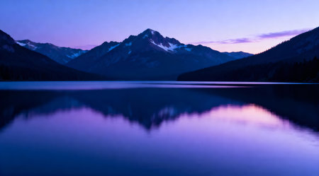 This digital artwork captures the tranquility of a mountain lake at dusk, enveloped in soft twilight. The scene is painted in cool blue and purple tones, creating a peaceful and contemplative mood. Ideal for use in nature-themed art collections or as a calming visual for meditation and relaxation spaces. AI-generated illustration.の素材