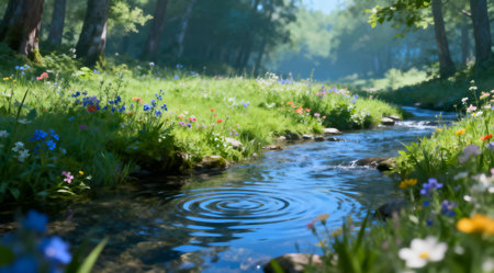 This digital artwork captures a tranquil forest clearing bathed in soft natural light, featuring a variety of colorful wildflowers in shades of purple, pink, and yellow, alongside a crystal-clear stream. The composition uses cool green and blue hues to enhance the peaceful ambiance, ideal for use in relaxation and nature-themed projects. AI-generated illustration.の素材
