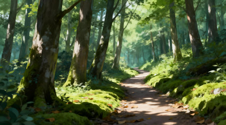 This illustration depicts a serene forest trail bathed in dappled sunlight, creating a tranquil ambiance. The scene is dominated by cool green tones, with soft shadows and highlights that mimic natural lighting. Ideal for use in environmental awareness campaigns or as a calming backdrop in wellness and nature-themed designs. AI-generated illustration.の素材